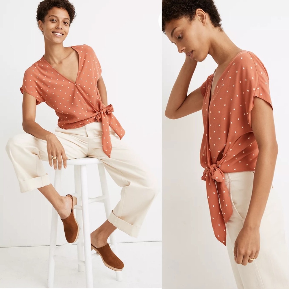MADEWELL pink polka dot sash tie wrap top